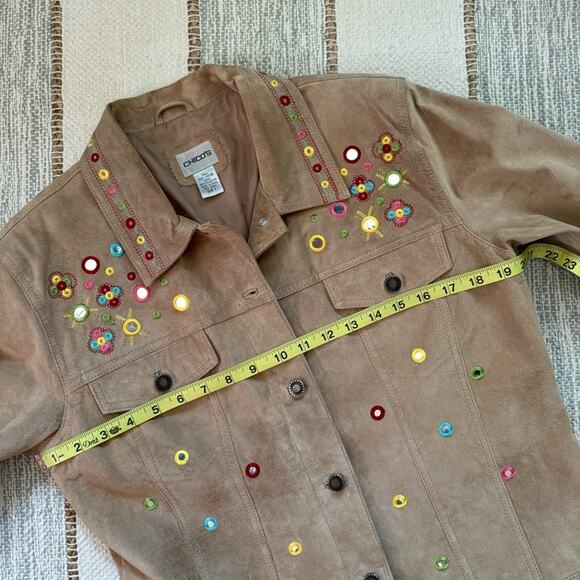 Chico’s Tan 100% Genuine Leather Embellished Embroidered Boho Jacket Women’s M - Picture 6 of 8